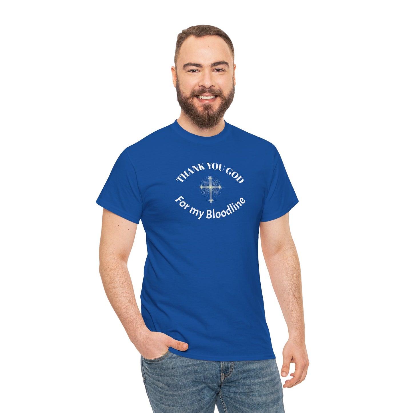"Father's Day, Dad thankful for bloodline" Minimalist Unisex Heavy Cotton Tee with Cross Design, God cotton tee