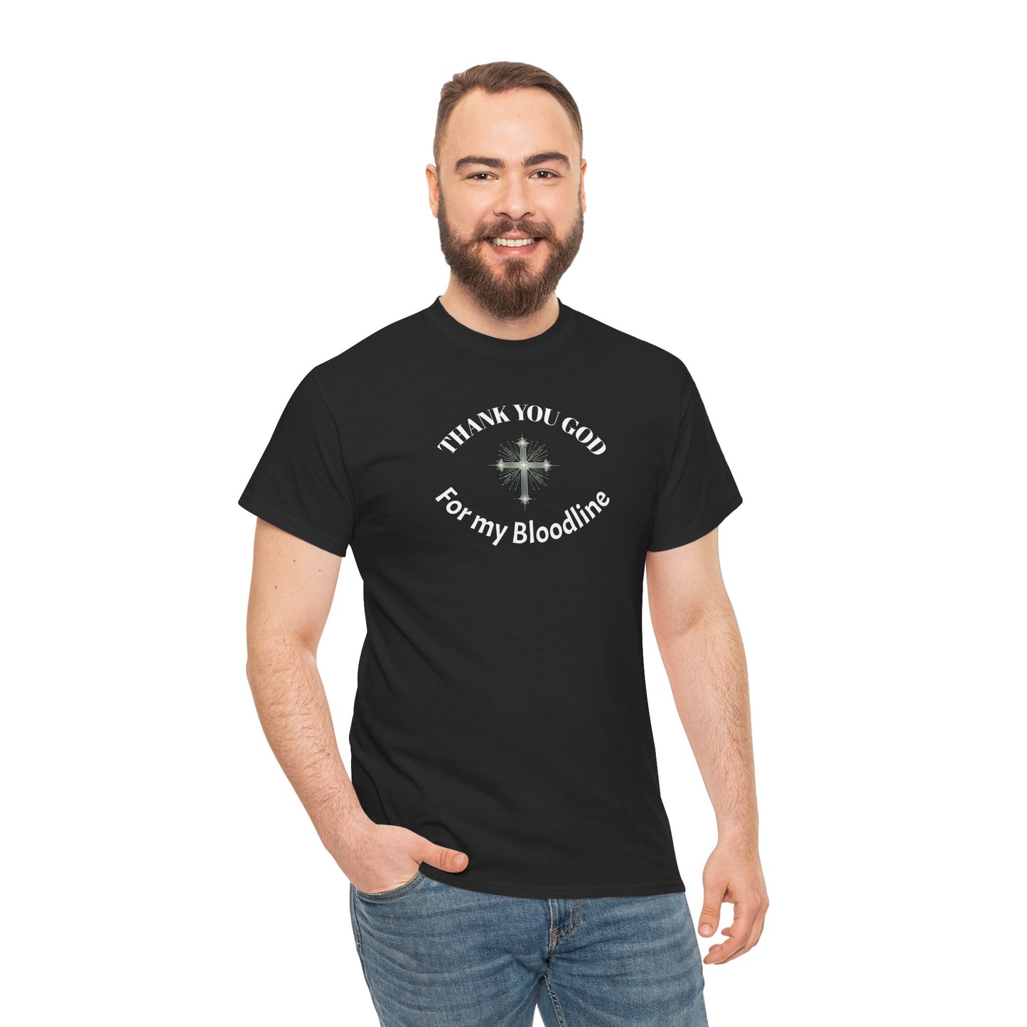 "Father's Day, Dad thankful for bloodline" Minimalist Unisex Heavy Cotton Tee with Cross Design, God cotton tee